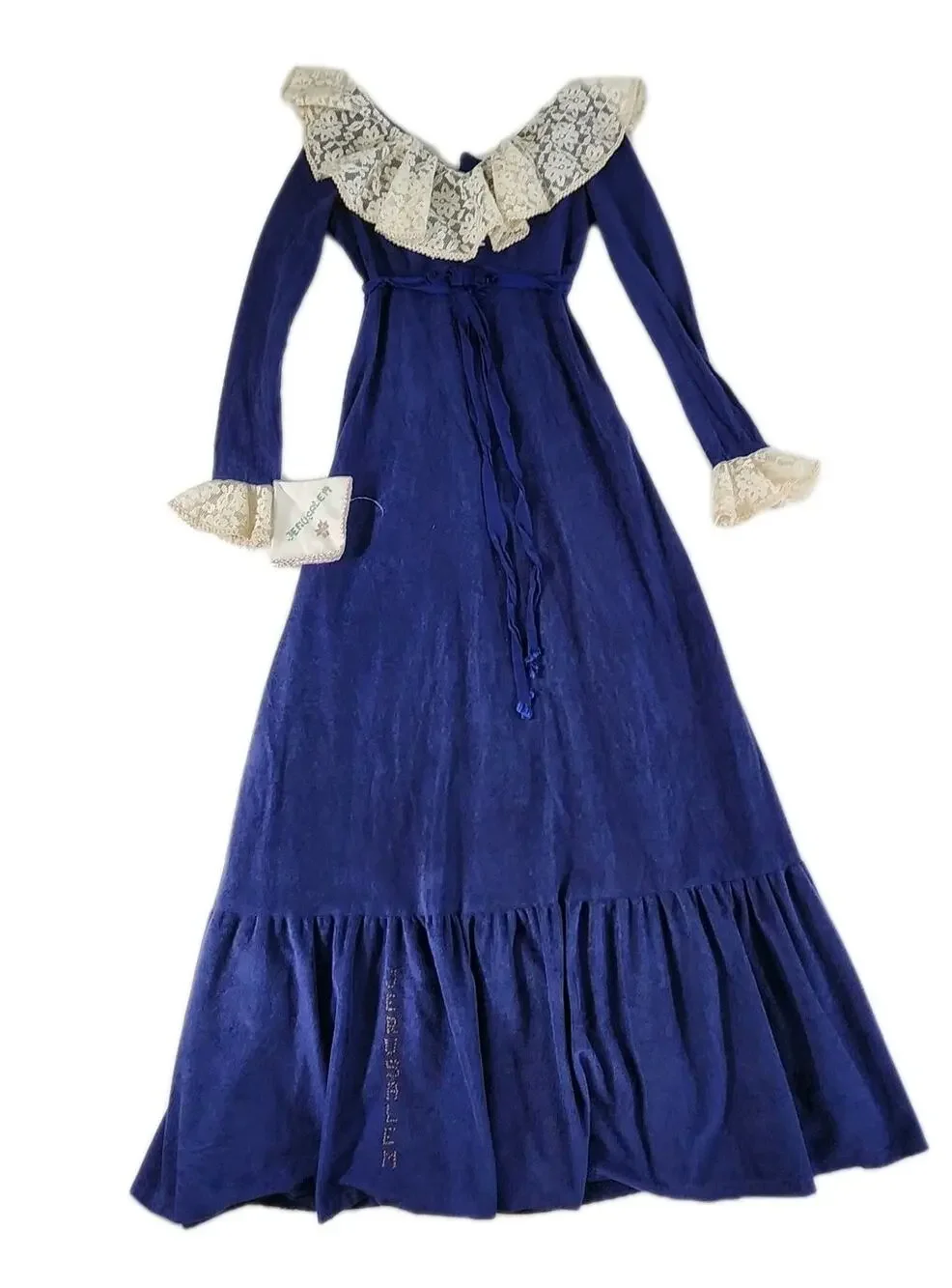 Vtg 70s Velvet Maxi Dress Lace Yoke Ruffle Tiered Tie Empire Waist Jerusalem